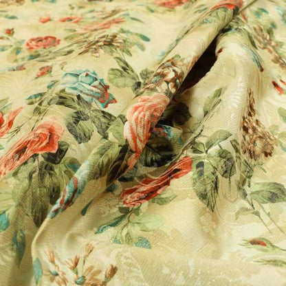 Fabienne Floral Colourful Printed Glitter Effect Velour Red Upholstery Fabric CTR-665