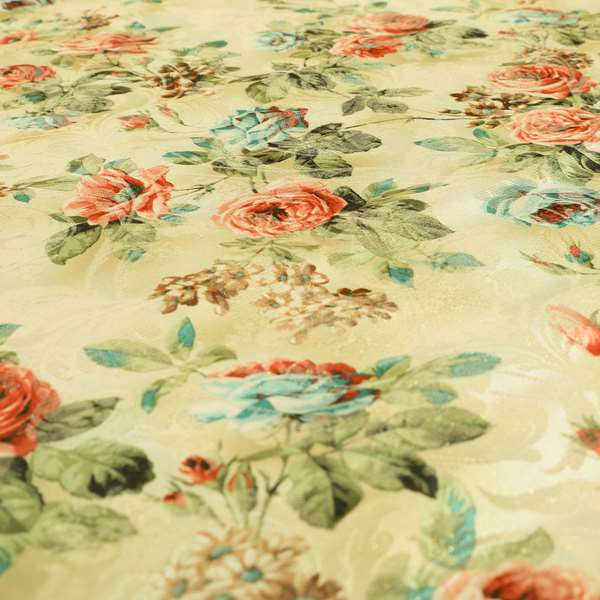 Fabienne Floral Colourful Printed Glitter Effect Velour Red Upholstery Fabric CTR-665 - Roman Blinds