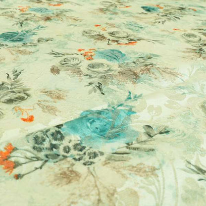 Fabienne Floral Colourful Printed Glitter Effect Velour Blue Upholstery Fabric CTR-666 - Roman Blinds