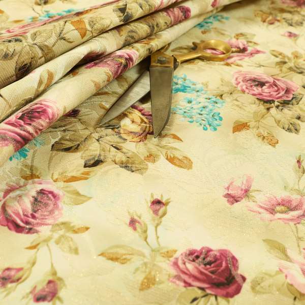 Fabienne Floral Colourful Printed Glitter Effect Velour Purple Upholstery Fabric CTR-667 - Made To Measure Curtains