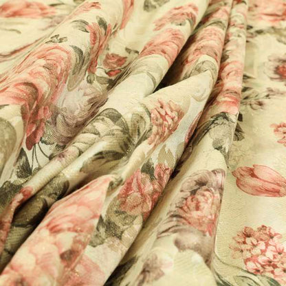 Fabienne Floral Colourful Printed Glitter Effect Velour Pink Upholstery Fabric CTR-668 - Roman Blinds