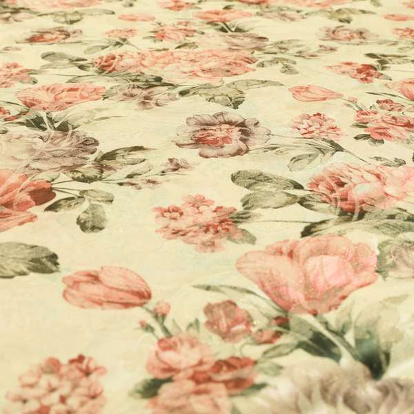 Fabienne Floral Colourful Printed Glitter Effect Velour Pink Upholstery Fabric CTR-668 - Roman Blinds