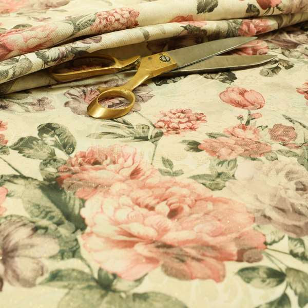 Fabienne Floral Colourful Printed Glitter Effect Velour Pink Upholstery Fabric CTR-668 - Roman Blinds