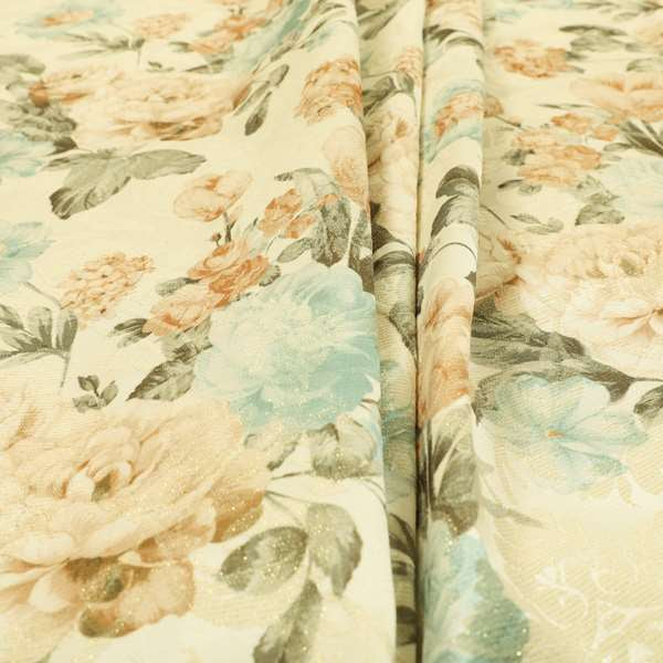 Fabienne Floral Colourful Printed Glitter Effect Velour Orange Upholstery Fabric CTR-669 - Roman Blinds