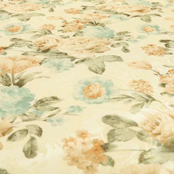 Fabienne Floral Colourful Printed Glitter Effect Velour Orange Upholstery Fabric CTR-669 - Roman Blinds