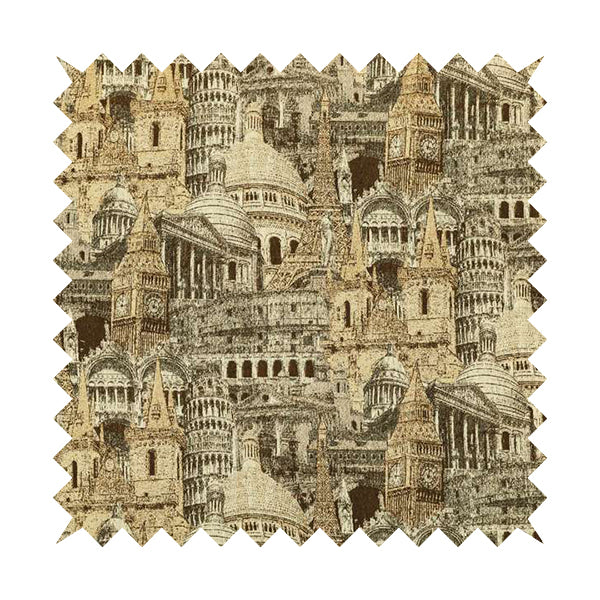 Bruges Modern London Skyline Tourist Landmarks Pattern Brown Chenille Upholstery Fabric CTR-670