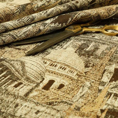 Bruges Modern London Skyline Tourist Landmarks Pattern Brown Chenille Upholstery Fabric CTR-670