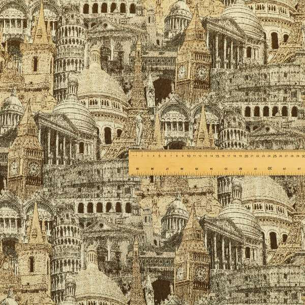 Bruges Modern London Skyline Tourist Landmarks Pattern Brown Chenille Upholstery Fabric CTR-670 - Made To Measure Curtains