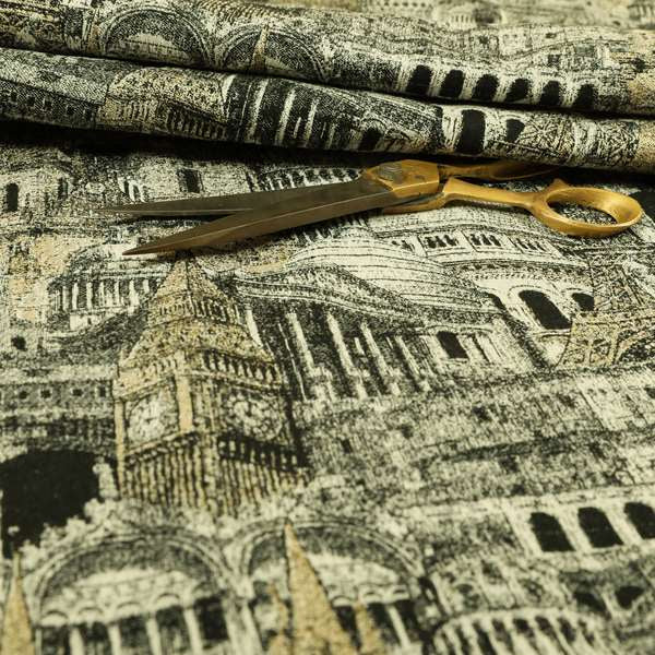 Bruges Modern London Skyline Tourist Landmarks Pattern Grey Chenille Upholstery Fabric CTR-671 - Roman Blinds