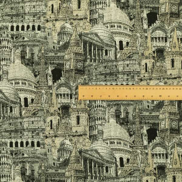 Bruges Modern London Skyline Tourist Landmarks Pattern Grey Chenille Upholstery Fabric CTR-671 - Roman Blinds