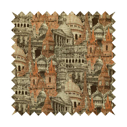 Bruges Modern London Skyline Tourist Landmarks Pattern Orange Chenille Upholstery Fabric CTR-672 - Roman Blinds