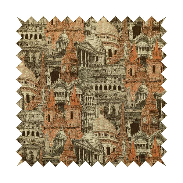 Bruges Modern London Skyline Tourist Landmarks Pattern Orange Chenille Upholstery Fabric CTR-672 - Made To Measure Curtains