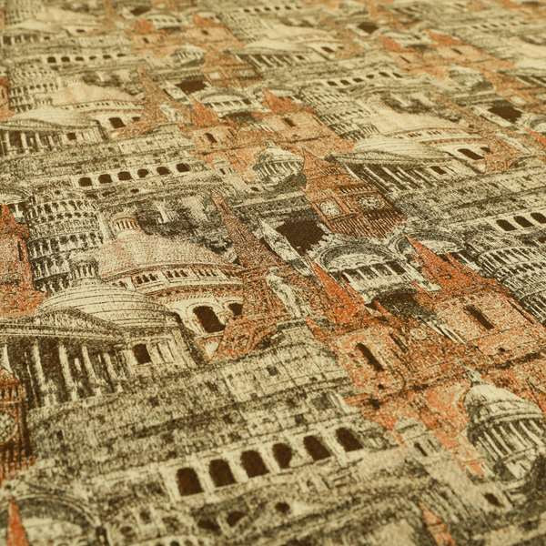 Bruges Modern London Skyline Tourist Landmarks Pattern Orange Chenille Upholstery Fabric CTR-672 - Roman Blinds