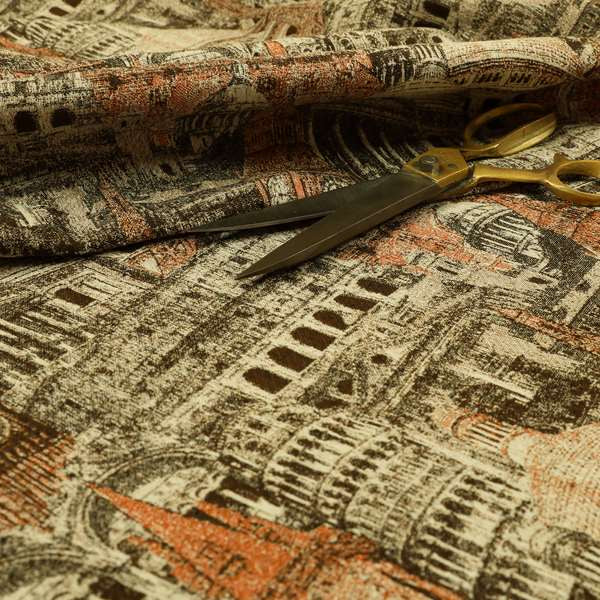 Bruges Modern London Skyline Tourist Landmarks Pattern Orange Chenille Upholstery Fabric CTR-672 - Made To Measure Curtains