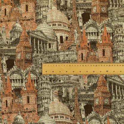 Bruges Modern London Skyline Tourist Landmarks Pattern Orange Chenille Upholstery Fabric CTR-672 - Roman Blinds