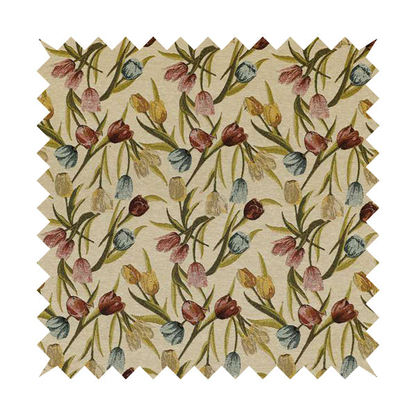 Bruges Life Colourful Tulip Floral Pattern Beige Green Blue Red Jacquard Upholstery Fabrics CTR-690 - Roman Blinds