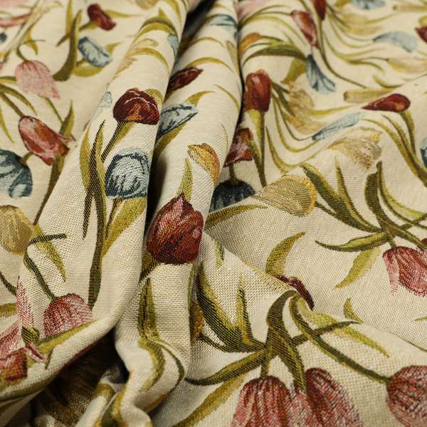 Bruges Life Colourful Tulip Floral Pattern Beige Green Blue Red Jacquard Upholstery Fabrics CTR-690