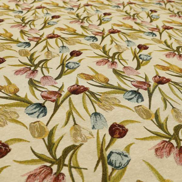 Bruges Life Colourful Tulip Floral Pattern Beige Green Blue Red Jacquard Upholstery Fabrics CTR-690 - Made To Measure Curtains