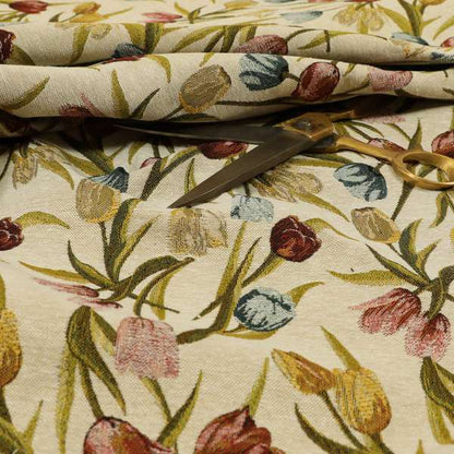 Bruges Life Colourful Tulip Floral Pattern Beige Green Blue Red Jacquard Upholstery Fabrics CTR-690 - Roman Blinds