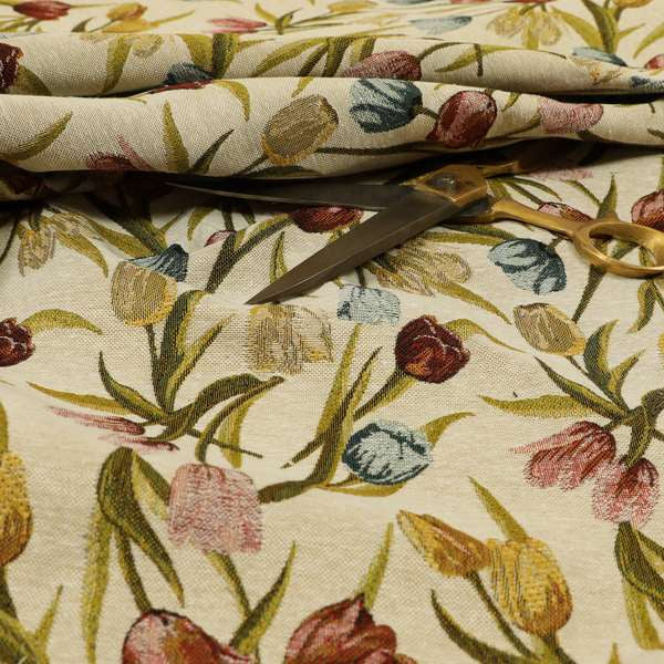 Bruges Life Colourful Tulip Floral Pattern Beige Green Blue Red Jacquard Upholstery Fabrics CTR-690