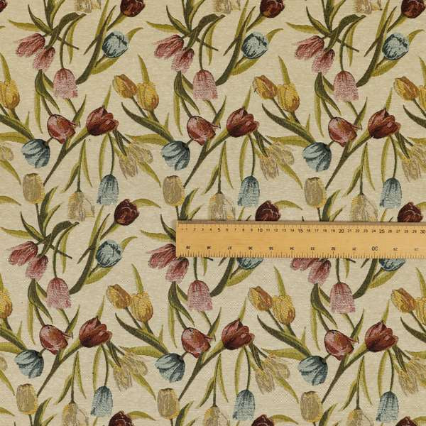 Bruges Life Colourful Tulip Floral Pattern Beige Green Blue Red Jacquard Upholstery Fabrics CTR-690 - Made To Measure Curtains