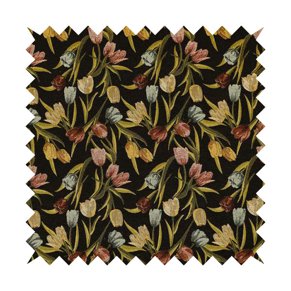 Bruges Life Colourful Tulip Floral Pattern Black Green Blue Red Jacquard Upholstery Fabrics CTR-691 - Roman Blinds
