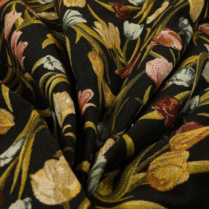 Bruges Life Colourful Tulip Floral Pattern Black Green Blue Red Jacquard Upholstery Fabrics CTR-691