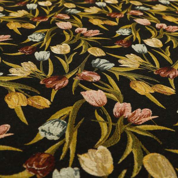 Bruges Life Colourful Tulip Floral Pattern Black Green Blue Red Jacquard Upholstery Fabrics CTR-691