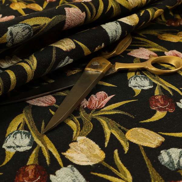 Bruges Life Colourful Tulip Floral Pattern Black Green Blue Red Jacquard Upholstery Fabrics CTR-691 - Roman Blinds