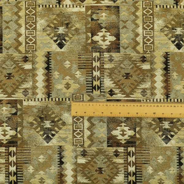 Bruges Modern Tapestry Kilim Aztec Patchwork Pattern Beige Chenille Upholstery Fabric CTR-696 - Made To Measure Curtains