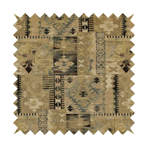 Bruges Modern Tapestry Kilim Aztec Patchwork Pattern Blue Beige Chenille Upholstery Fabric CTR-697 - Roman Blinds