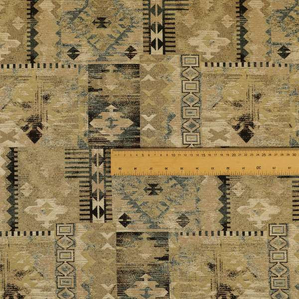 Bruges Modern Tapestry Kilim Aztec Patchwork Pattern Blue Beige Chenille Upholstery Fabric CTR-697 - Roman Blinds