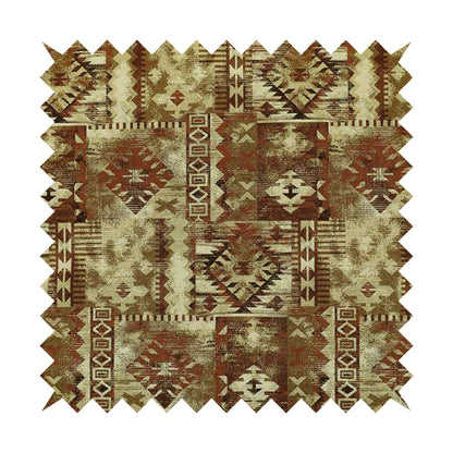 Bruges Modern Tapestry Kilim Aztec Patchwork Pattern Orange Chenille Upholstery Fabric CTR-698 - Made To Measure Curtains