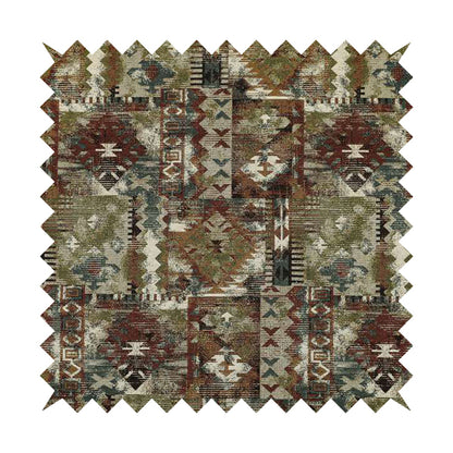 Bruges Modern Tapestry Kilim Aztec Patchwork Pattern Multi Colour Red Blue Green Chenille Upholstery Fabric CTR-699