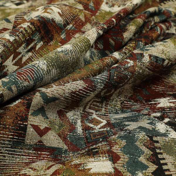Bruges Modern Tapestry Kilim Aztec Patchwork Pattern Multi Colour Red Blue Green Chenille Upholstery Fabric CTR-699