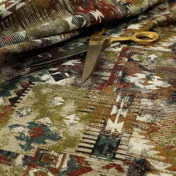 Bruges Modern Tapestry Kilim Aztec Patchwork Pattern Multi Colour Red Blue Green Chenille Upholstery Fabric CTR-699