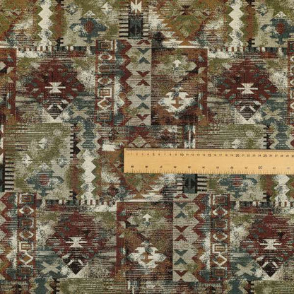 Bruges Modern Tapestry Kilim Aztec Patchwork Pattern Multi Colour Red Blue Green Chenille Upholstery Fabric CTR-699 - Made To Measure Curtains