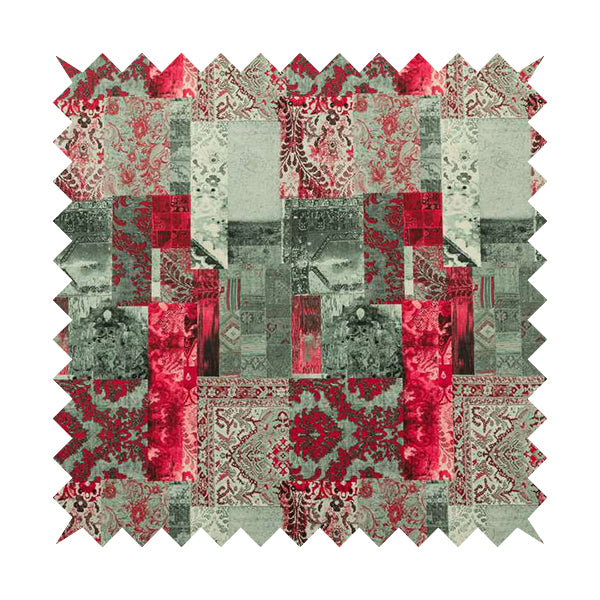 Freedom Printed Velvet Fabric Collection Patchwork Pattern In Red Colours Upholstery Fabric CTR-70 - Made To Measure Curtains