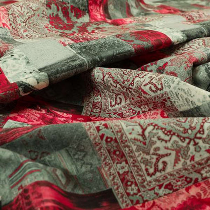Freedom Printed Velvet Fabric Collection Patchwork Pattern In Red Colours Upholstery Fabric CTR-70