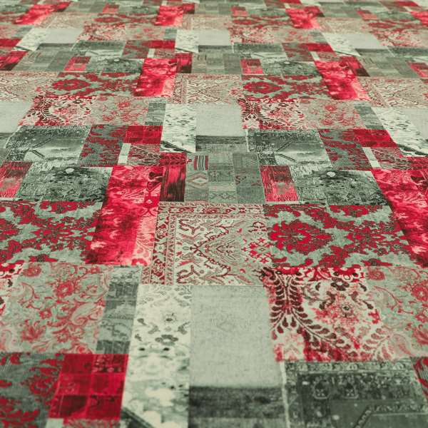 Freedom Printed Velvet Fabric Collection Patchwork Pattern In Red Colours Upholstery Fabric CTR-70 - Handmade Cushions
