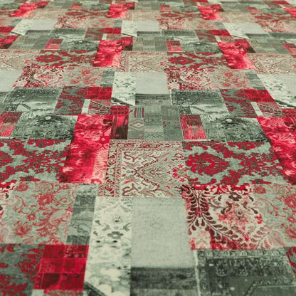 Freedom Printed Velvet Fabric Collection Patchwork Pattern In Red Colours Upholstery Fabric CTR-70
