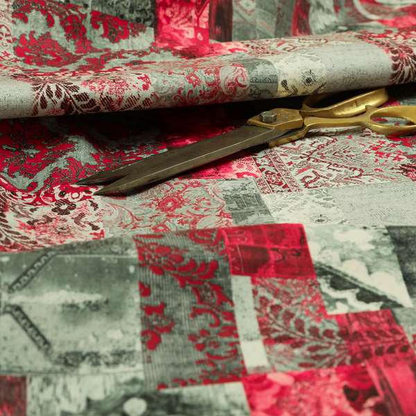 Freedom Printed Velvet Fabric Collection Patchwork Pattern In Red Colours Upholstery Fabric CTR-70 - Roman Blinds