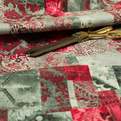 Freedom Printed Velvet Fabric Collection Patchwork Pattern In Red Colours Upholstery Fabric CTR-70 - Made To Measure Curtains