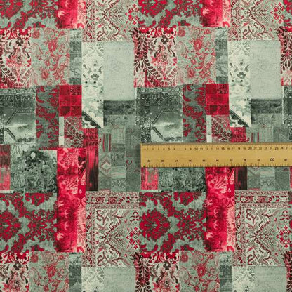 Freedom Printed Velvet Fabric Collection Patchwork Pattern In Red Colours Upholstery Fabric CTR-70 - Made To Measure Curtains