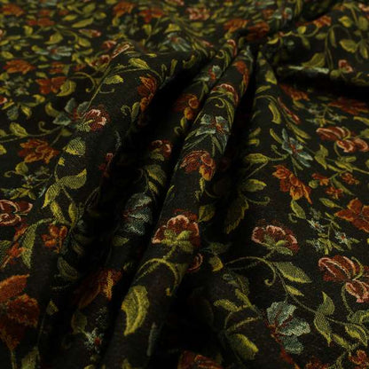 Bruges Life Red Green Blue Floral All Over Pattern Black Chenille Upholstery Fabric CTR-715