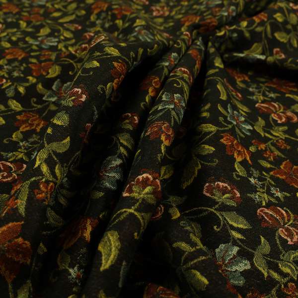 Bruges Life Red Green Blue Floral All Over Pattern Black Chenille Upholstery Fabric CTR-715 - Made To Measure Curtains