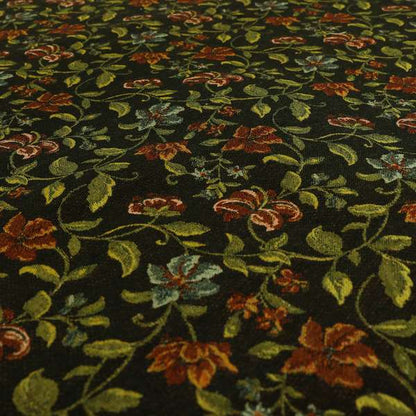 Bruges Life Red Green Blue Floral All Over Pattern Black Chenille Upholstery Fabric CTR-715 - Made To Measure Curtains