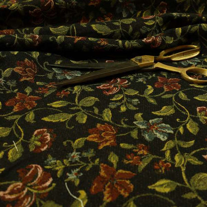 Bruges Life Red Green Blue Floral All Over Pattern Black Chenille Upholstery Fabric CTR-715 - Made To Measure Curtains