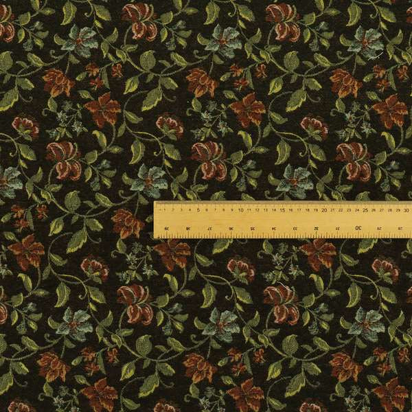 Bruges Life Red Green Blue Floral All Over Pattern Black Chenille Upholstery Fabric CTR-715 - Made To Measure Curtains