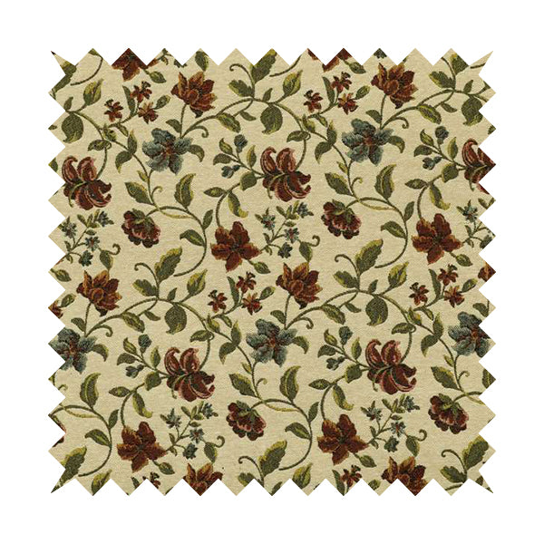 Bruges Life Red Green Blue Floral All Over Pattern White Chenille Upholstery Fabric CTR-716 - Roman Blinds